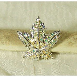 Pegasus Coro Maple Leaf Brooch 1945 Vintage Pave Rhinestones Silver Tone Pin